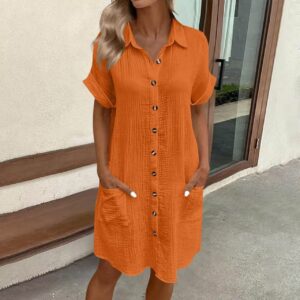 Casual Solid-Color Single-Breasted Mid-Length Short-Sleeve Dress