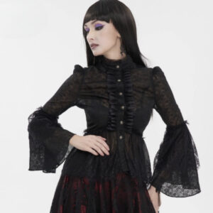 Punk Stand-up Collar Slim-fit Flared Sleeve Waist-cinching Lace Shirt