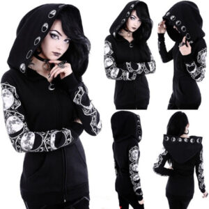 AliExpress WISH Amazon EBAY Hot Black Punk Peng Hooded Moon Print Long Sleeve Sweatshirt