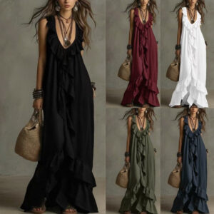 Urban V-Neck Short-Sleeve Ruffle-Trim Vintage Dress