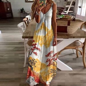 Digital Print Dress SpringSummer Floral V-Neck Slip Maxi Dress
