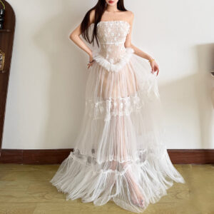 Womens Lace Jacquard Patchwork Long Halter Dress