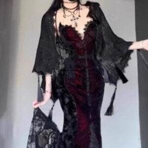 French-style Dark Slimming Lace Patchwork Dress Womens Two-piece Set Sexy Chic Tassel Shawl Long Skirt