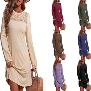 Long-sleeve A-line Solid-color Lace Loose Dress