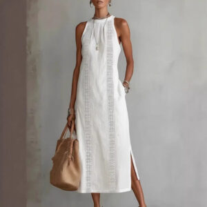 Neck-Strap Holiday Solid-Colored Lace-Patchwork Sleeveless Dress